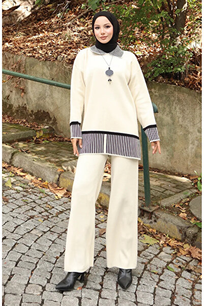 sefamerve طقم مكون من قطعتين من سراويل التونيك ذات التفاصيل المخططة 1066-02 بيج