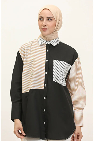 sefamerve Μαύρο γαρνιρισμένο ριγέ πουκάμισο - 4812-01