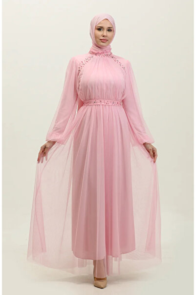 sefamerve Boncuk İşlemeli Abiye Elbise 6208-02 Pembe