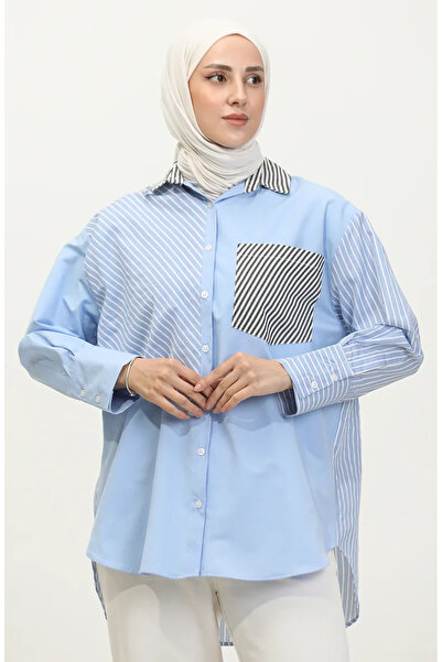 sefamerve Garnili Çizgili Gömlek 4811A-01 Mavi