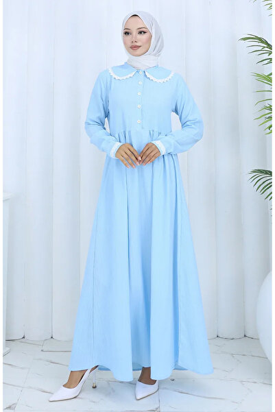 sefamerve Φόρεμα με μισό κουμπί δαντέλα 2145-02 Μπλε