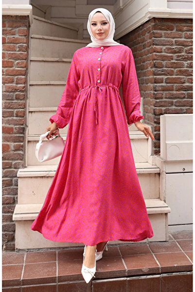 sefamerve Φόρεμα με μοτίβο με δαντέλα στη μέση 2079-02 Φούξια