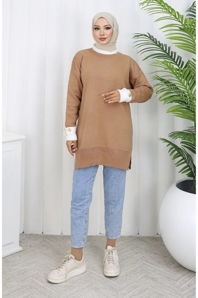 sefamerve Knitwear Sleeve Button Detail Paneled Tunic 3000-04 Milk Coffee