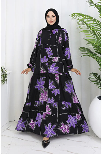 sefamerve Φόρεμα Alaçatı με μοτίβο με μισό κουμπί βισκόζης 2085-03 μαύρο λιλά