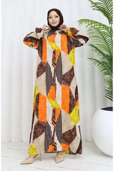 sefamerve Φόρεμα από ύφασμα βισκόζης με κουμπιά 0051-02 Πορτοκαλί καφέ