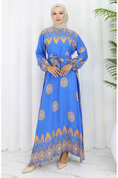 sefamerve Desenli Kuşaklı Elbise 2104-02 Mavi