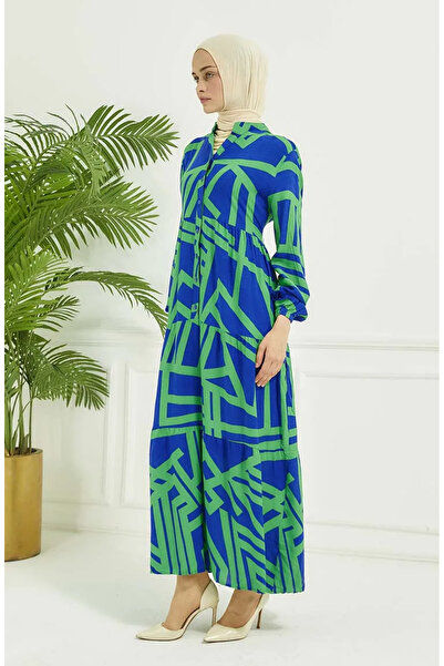 sefamerve فستان منقوش هندسي باللون الأزرق والأخضر - 4106-03