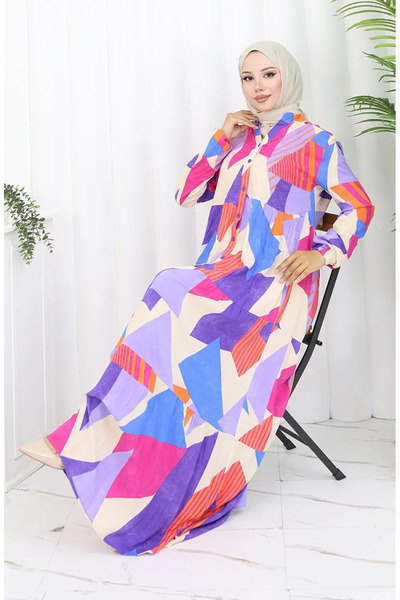 sefamerve Φόρεμα με μισό κουμπί και σχέδιο 5580-04 Μωβ