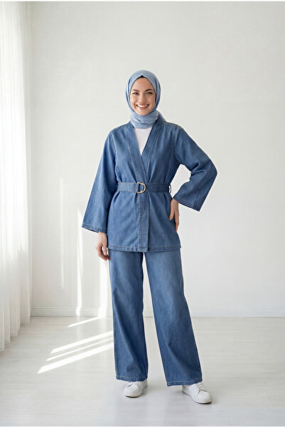 MİHRA STORE Ünzile Kemeri Τζιν Σετ με Χρυσή Πόρπη και Παντελόνι - ML2115 Μπλε