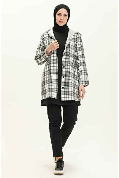 sefamerve Plaid Patterned Hooded Tunic Set 8001-01 Black White