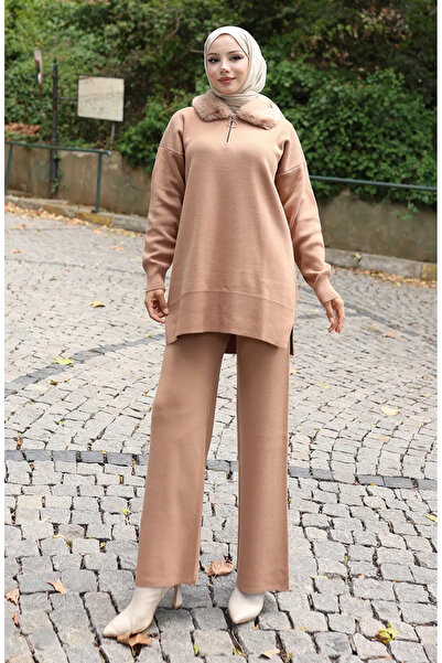 sefamerve طقم مكون من قطعتين من سروال تونيك وياقة من الفرو 1059-02 بني حليبي