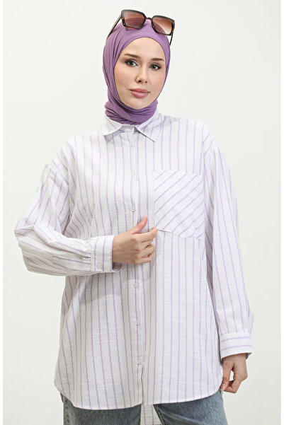 sefamerve Λιλά Λινό Μικτό Ριγέ Πουκάμισο - 4818-02