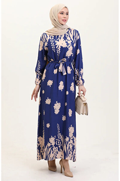 sefamerve Φόρεμα βισκόζης με σχέδια - 0018-06 Indigo Beige