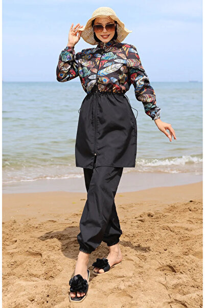 sefamerve Tropikal Beli Lastikli Tesettür Mayo 5040-01 Siyah