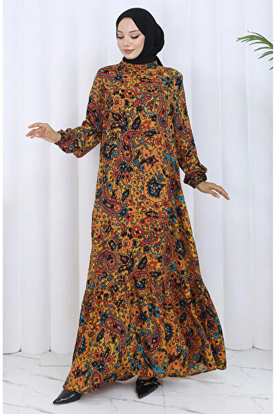 sefamerve Φόρεμα με λαβή ελαστικό μοτίβο 2120-02 Μουσταρδί πλακάκι