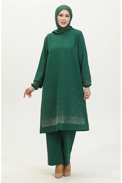 sefamerve Taş Baskılı Araboy Abiye Tunik Pantolon İkili Takım 0409-01 Zümrüt ...