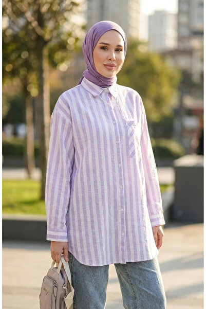 sefamerve Keten Karışımlı Çizgili Gömlek 4817-02 Lila