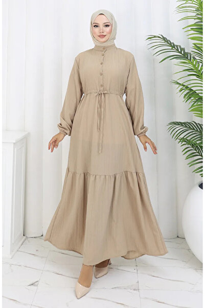 sefamerve Beli Bağcıklı Yarım Düğmeli Elbise 0183-01 Bej