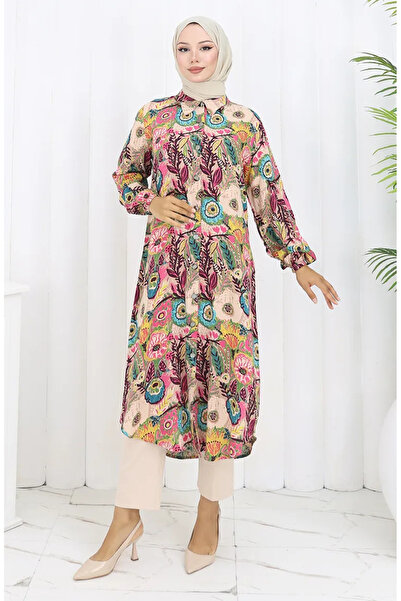 sefamerve Kolu Lastikli Düğmeli Tunik 0134-04 Turkuaz Bej