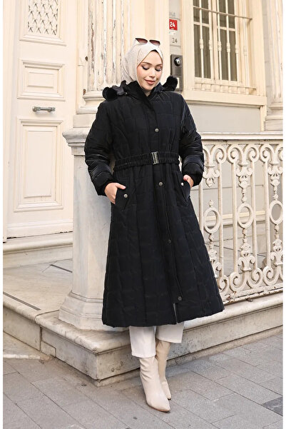 sefamerve Large Size Hooded Belted Coat 6322-01 Black