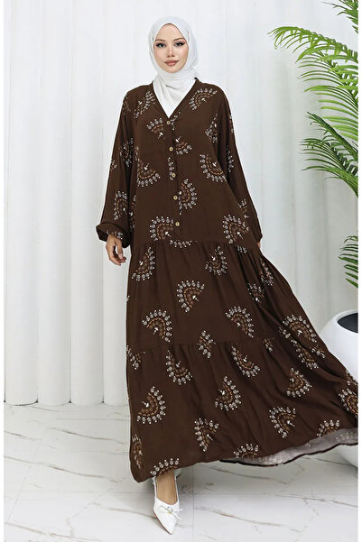 sefamerve فستان منقوش بأزرار من قماش الفيسكوز 0088-01 بني