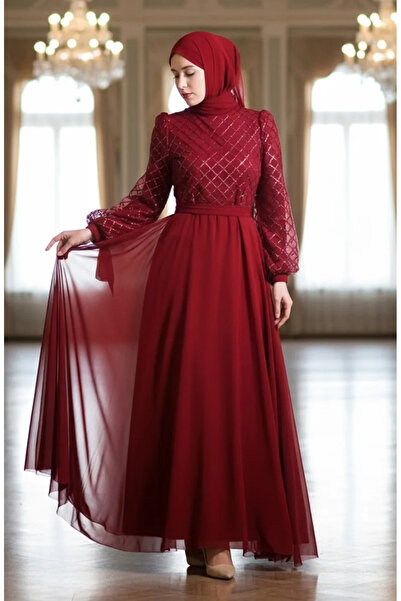 sefamerve Βραδινό φόρεμα σιφόν με παγιέτες 5617-05 Βουργουνδία