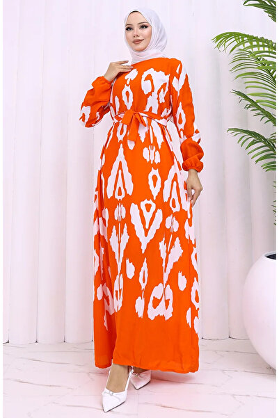 sefamerve Φόρεμα με ζώνη από ύφασμα βισκόζης 2033-03 Πορτοκαλί Λευκό