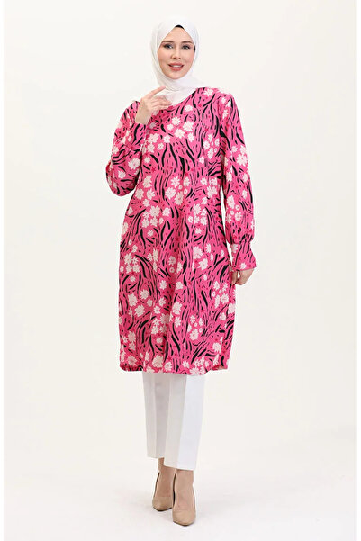 sefamerve Large Size Patterned Tunic 1129-01 Fuchsia