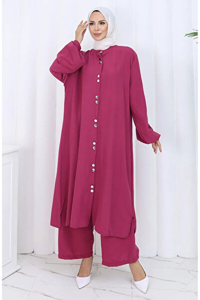 sefamerve Boydan Düğmeli Tunik Pantolon İkili Takım 2114-03 Vişne