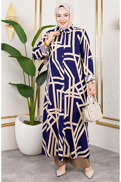 sefamerve Patterned Viscose Suit 0337-01 Navy Blue