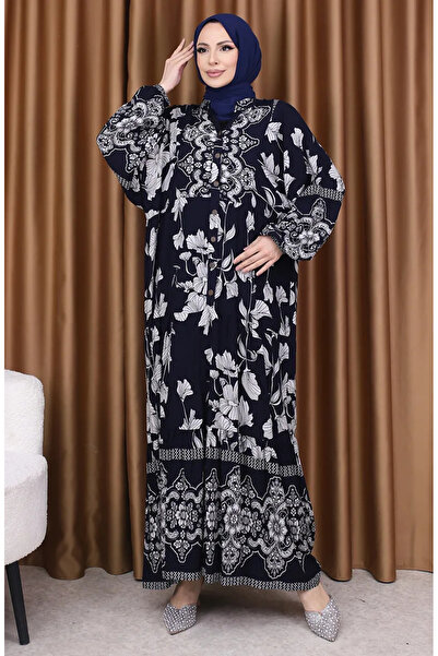 sefamerve فستان منقوش بالزهور بأكمام بالونية 5574-07 أزرق داكن
