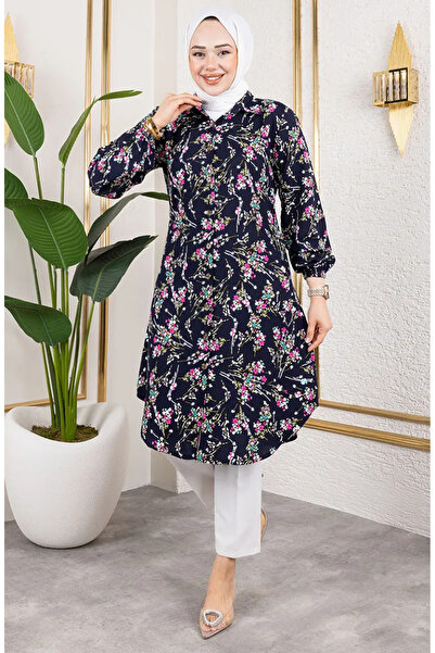 sefamerve Asel květinová viskózová tunika 0174-03 tmavě modrá