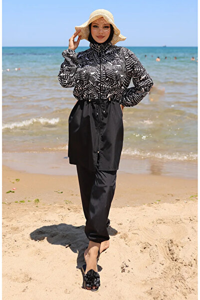 sefamerve Μαγιό με ελαστική μέση με σχέδιο ζέβρα με φερμουάρ μαγιό με καπό δώ...