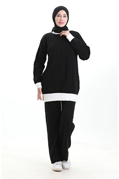 sefamerve طقم بنطلون تونيك مزين باللؤلؤ مكون من قطعتين 1011-09 أسود