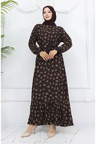 sefamerve Φόρεμα με σχέδιο από ύφασμα βισκόζης 0035-05 Καφέ