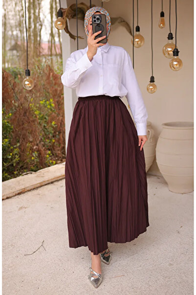 sefamerve Elastic Waist Pleated Skirt Skirt 71268-03 Claret Red