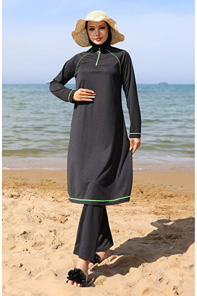 sefamerve Fermuarlı Tesettür Mayo 2504-01 Siyah Yeşil