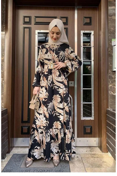 sefamerve Rochie cu Modele Palmieri 0228-01 Negru Bej