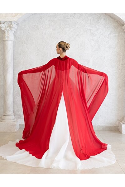 paris in paris YENİ NESİL KIRMIZI ŞİFON KAFTAN-GELİNLİK ÜSTÜ PELERİN-BİNDALLI-ŞİFON KAFTAN-KIRMIZI KINA ELBİSESİ