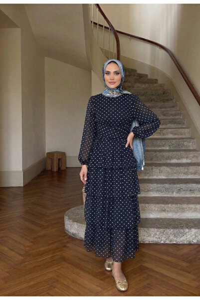 bellura Bağlamalı Eteği Kat Kat Puantiyeli Şifon Elbise