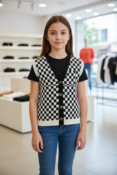 Minimoda Kids Cardigan tricotat fără mâneci în carouri