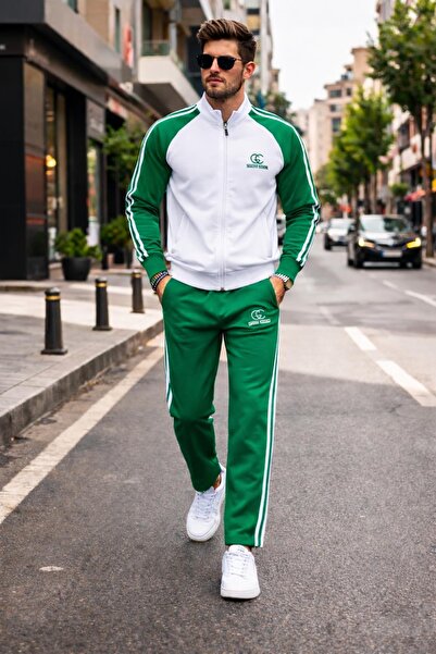 Erkek 2 İplik Penye Kumaş Paça Geniş Yeşil Beyaz Eşofman Takımı