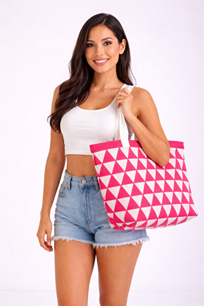 Sebir Moda حقيبة كتف وحقيبة شاطئ منسوجة بنمط مثلث