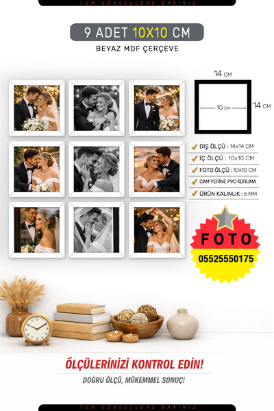 yhfoto 9 Adet 10x10 Çerçeve - Beyaz Çerçeve - Mini Mdf Kare Çerçeve - Fotoğra...