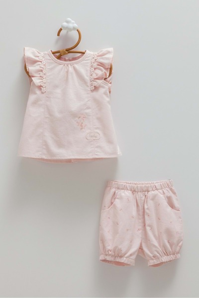 Caramell Mini Lady Ruffled Detail Linen Two-Piece Set Pink