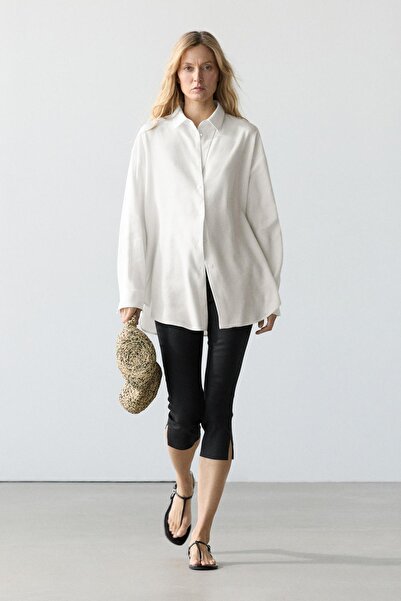 Massimo Dutti Dökümlü keten görünümlü gömlek