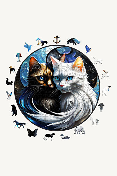 NCPUZZLES Özel Figürlü Ahşap Puzzle - YING YANG CATS, 50x50 cm YAPBOZ