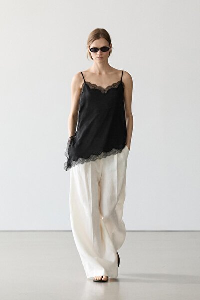 Massimo Dutti Asimetrik keten karışımlı bluz