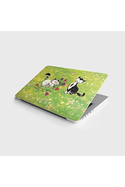 StickerArt Laptop Sticker Notebook Pc Kaplama Etiketi Çiçekler ve Kedi