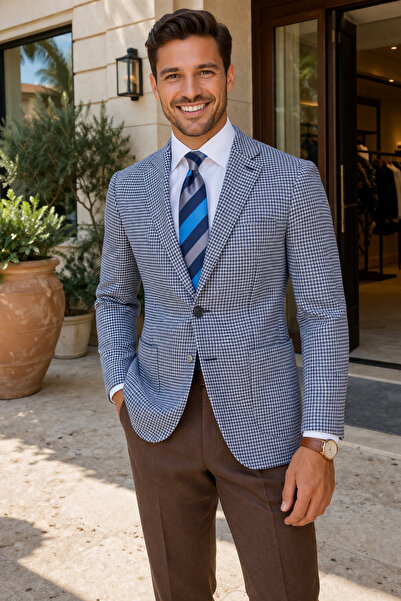 Sergio Ferraro Navy Blue Houndstooth Pocket Italian Style S Slim Fit Classic ...